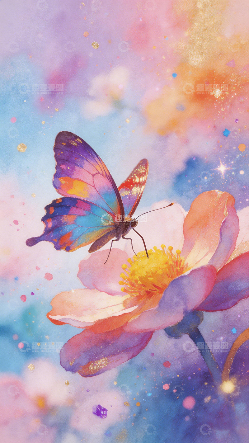 高清大图下载【趣麦麦图】梦幻蝴蝶花卉水彩画