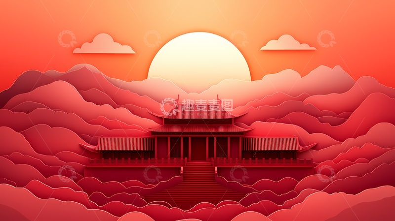 高清大图下载【趣麦麦图】红色古风建筑日落场景