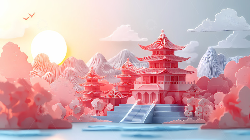 高清大图下载【趣麦麦图】剪纸风东方古建筑场景插画