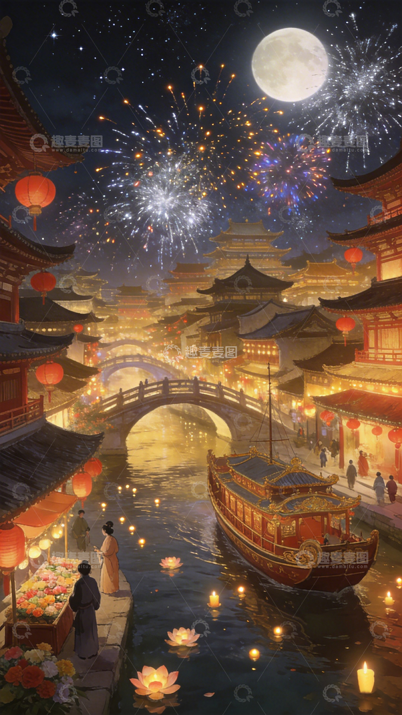 高清大图下载【趣麦麦图】古风水乡夜景节庆插画