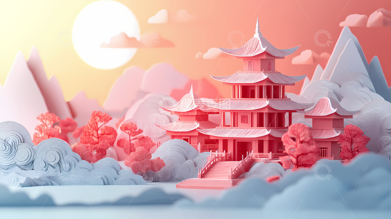 高清大图下载【趣麦麦图】剪纸风古建筑山水风景画