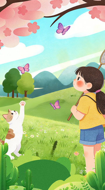 春日童趣卡通插画