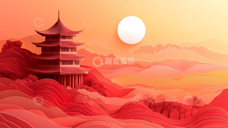 高清大图下载【趣麦麦图】红色山水古建筑风景画