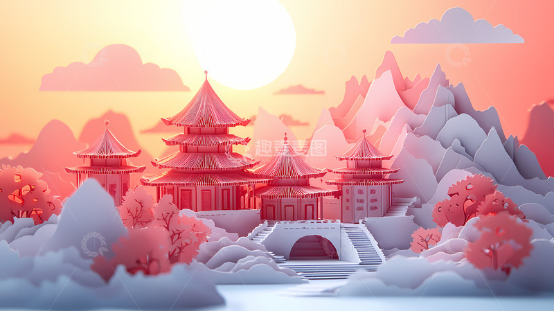 高清大图下载【趣麦麦图】纸艺东方建筑风景画