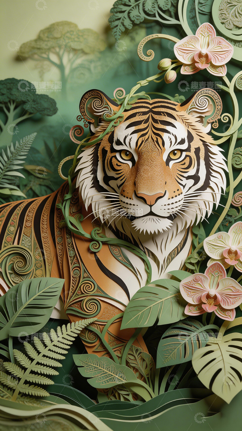 高清大图下载【趣麦麦图】纸艺虎啸山林艺术装饰画
