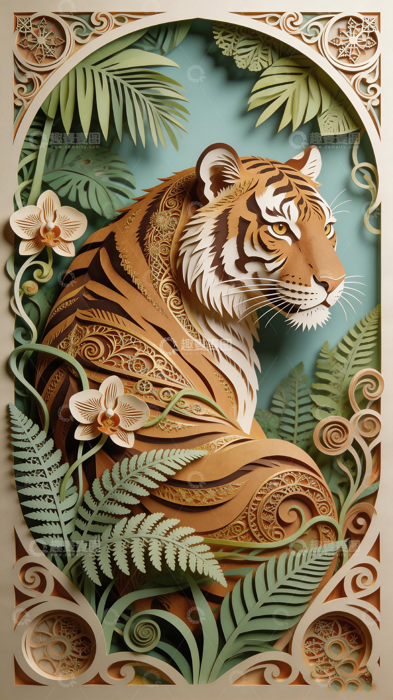 高清大图下载【趣麦麦图】纸艺老虎热带植物装饰