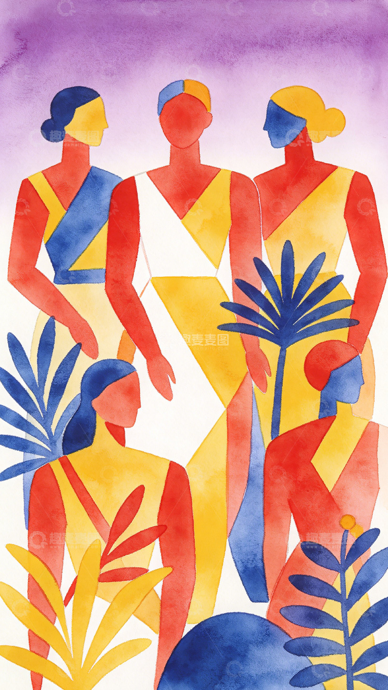高清大图下载【趣麦麦图】水彩抽象人物植物插画