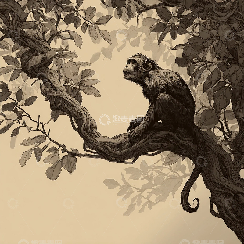 高清大图下载【趣麦麦图】孤独的猿猴在古树之巅