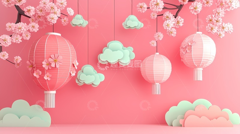 高清大图下载【趣麦麦图】粉色樱花灯笼节日装饰插画