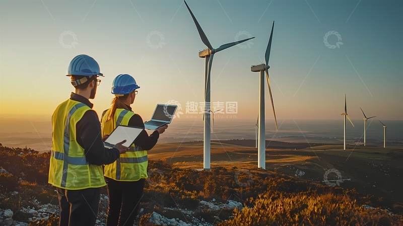 高清大图下载【趣麦麦图】风能工程师检查风力发电机