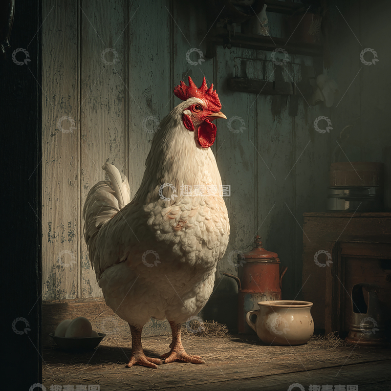 高清大图下载【趣麦麦图】室内孤高的白色公鸡