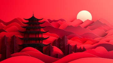 红色剪影山水塔楼艺术插画