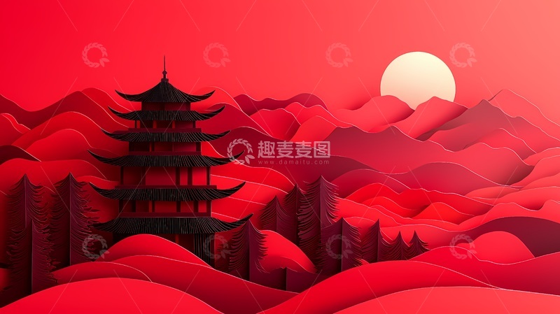 高清大图下载【趣麦麦图】红色剪影山水塔楼艺术插画