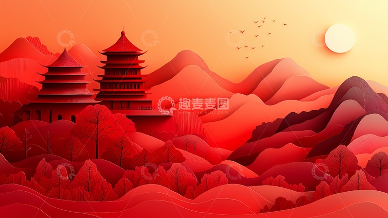 高清大图下载【趣麦麦图】红色山水古建筑剪影艺术插画