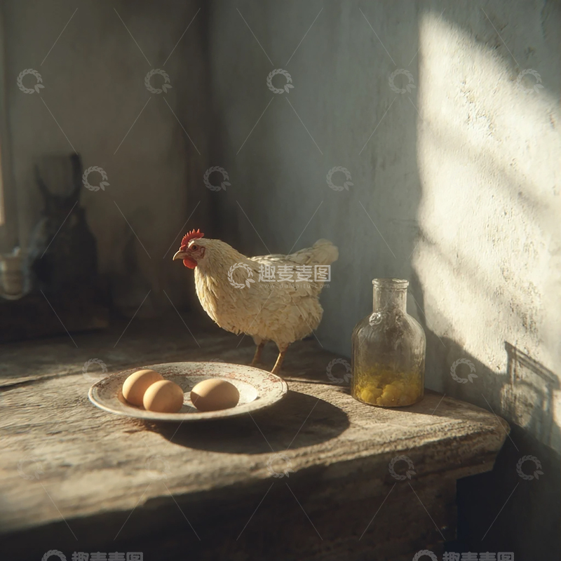高清大图下载【趣麦麦图】乡村晨光中的鸡与蛋