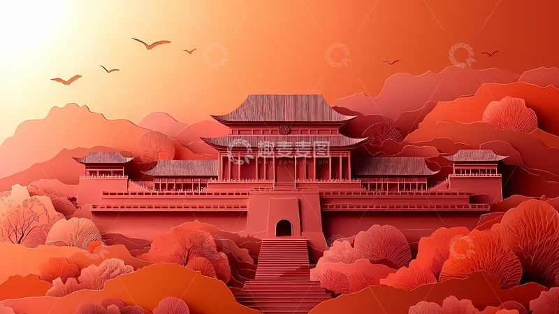 高清大图下载【趣麦麦图】古风宫殿山水画剪纸艺术