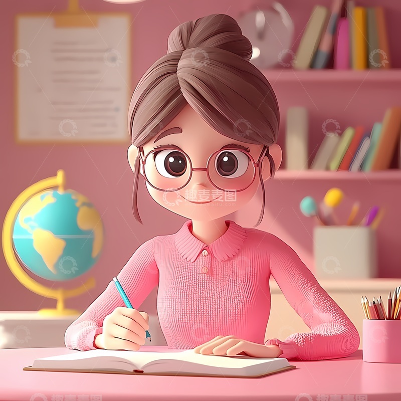 高清大图下载【趣麦麦图】粉色学习场景卡通女孩绘画