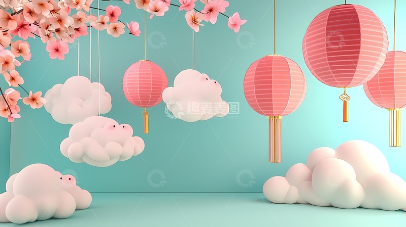 高清大图下载【趣麦麦图】卡通樱花灯笼云朵场景设计