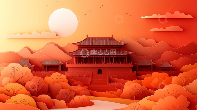 高清大图下载【趣麦麦图】剪纸风格古建筑风景插画