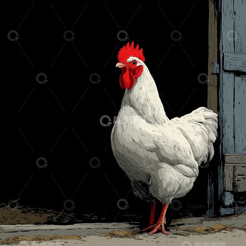 高清大图下载【趣麦麦图】乡村晨曦中的雄伟白羽鸡