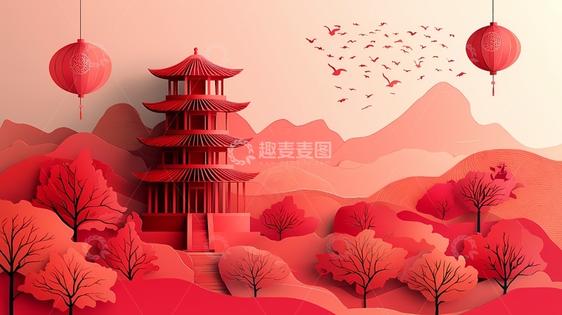 高清大图下载【趣麦麦图】红色剪纸风格中国风景画