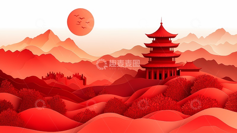 高清大图下载【趣麦麦图】红色山水剪纸风景