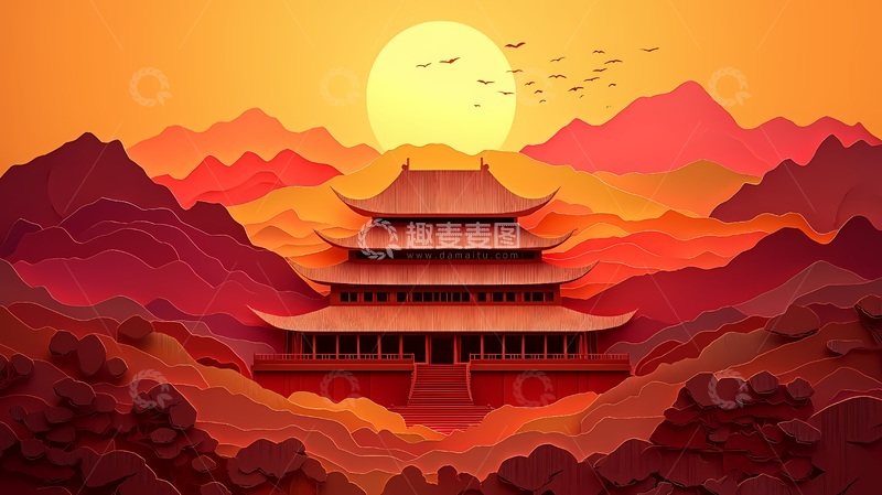高清大图下载【趣麦麦图】剪纸风古建筑日落风景装饰画