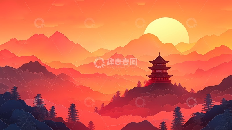 高清大图下载【趣麦麦图】山水风景日落古塔插画