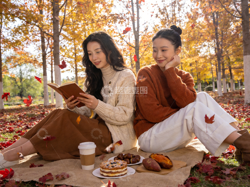 高清大图下载【趣麦麦图】秋日午后闺蜜野餐读书场景