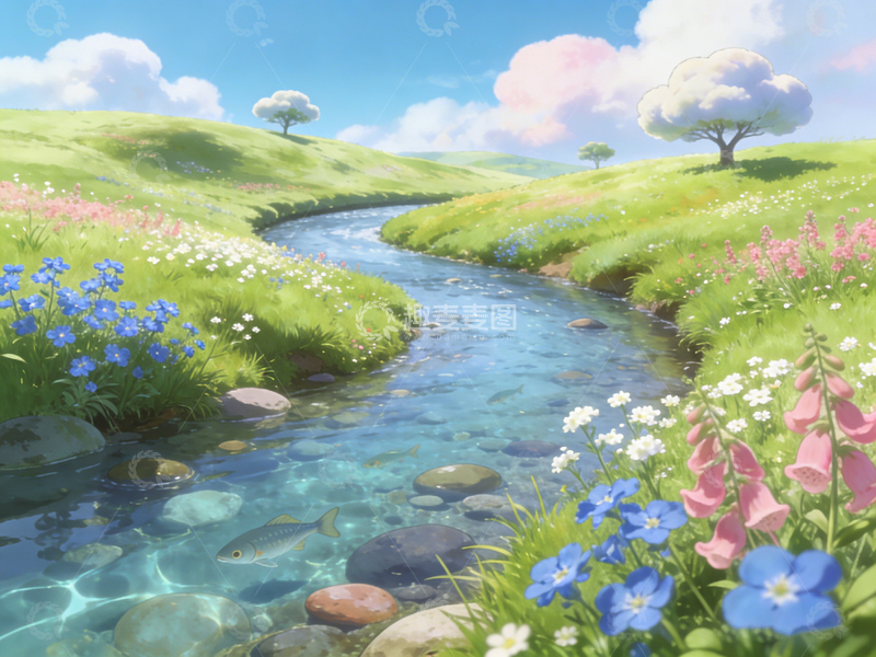 高清大图下载【趣麦麦图】田园风小河风景插画素材