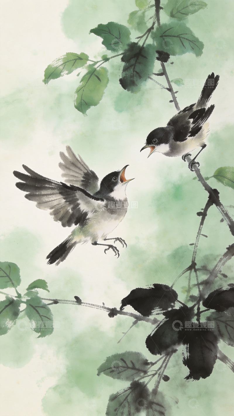 高清大图下载【趣麦麦图】小鸟静立枝头呼应发声