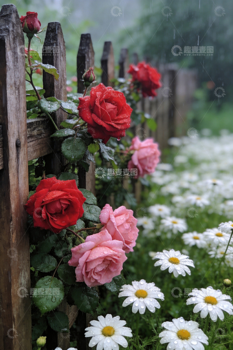 高清大图下载【趣麦麦图】盛开的红色蔷薇和粉红色蔷薇花