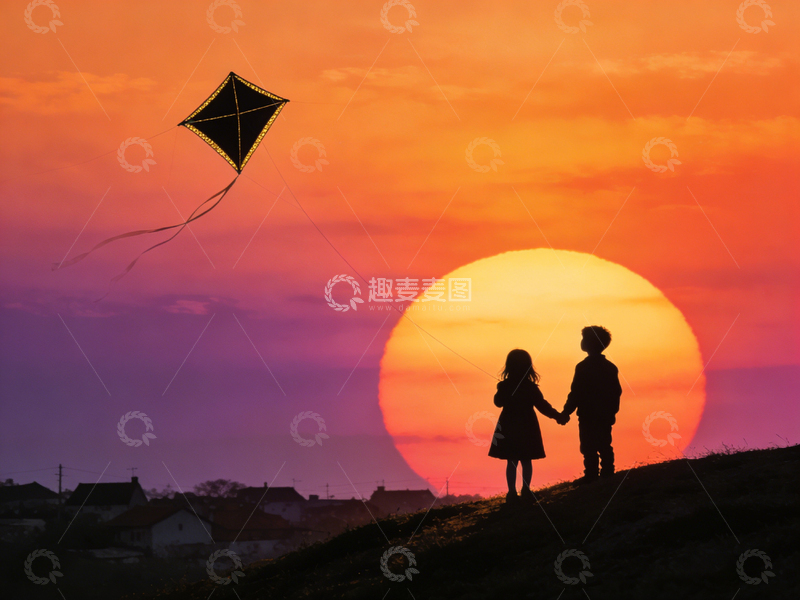 高清大图下载【趣麦麦图】夕阳剪影放飞风筝童趣图