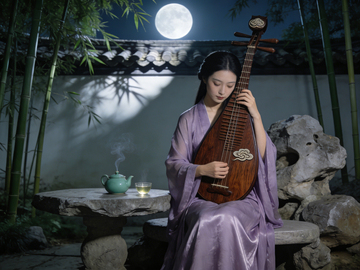 古风女子琵琶夜景摄影图