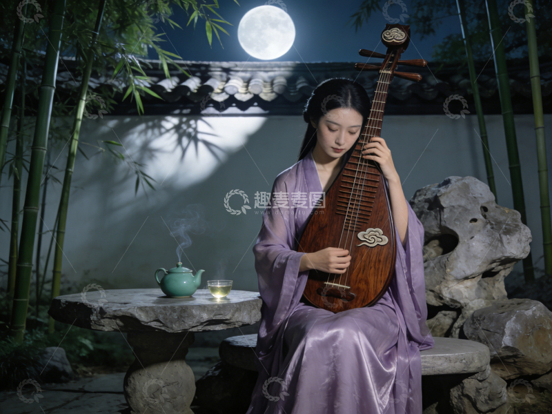 高清大图下载【趣麦麦图】古风女子琵琶夜景摄影图
