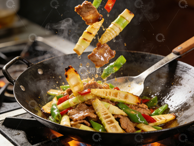 高清大图下载【趣麦麦图】炒锅炒竹笋肉片