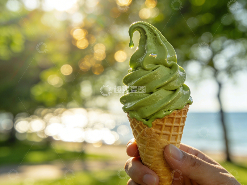 高清大图下载【趣麦麦图】夏日绿色冰淇淋户外特写