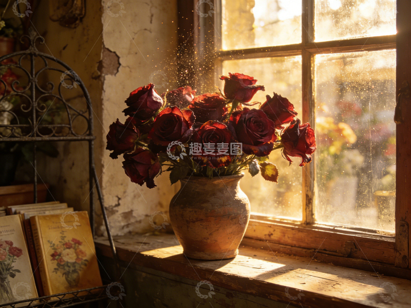 高清大图下载【趣麦麦图】复古窗台红玫瑰静物摄影