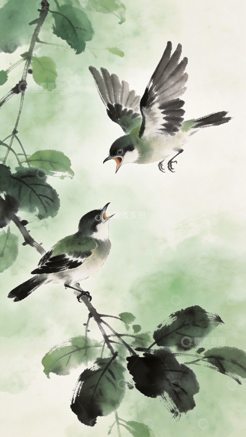 高清大图下载【趣麦麦图】小鸟展翅张嘴鸣叫