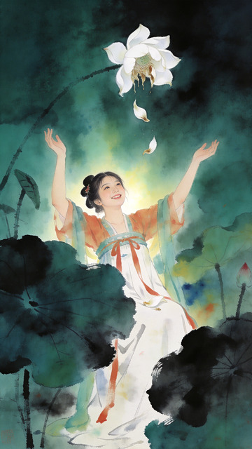 荷花花瓣美女国风画