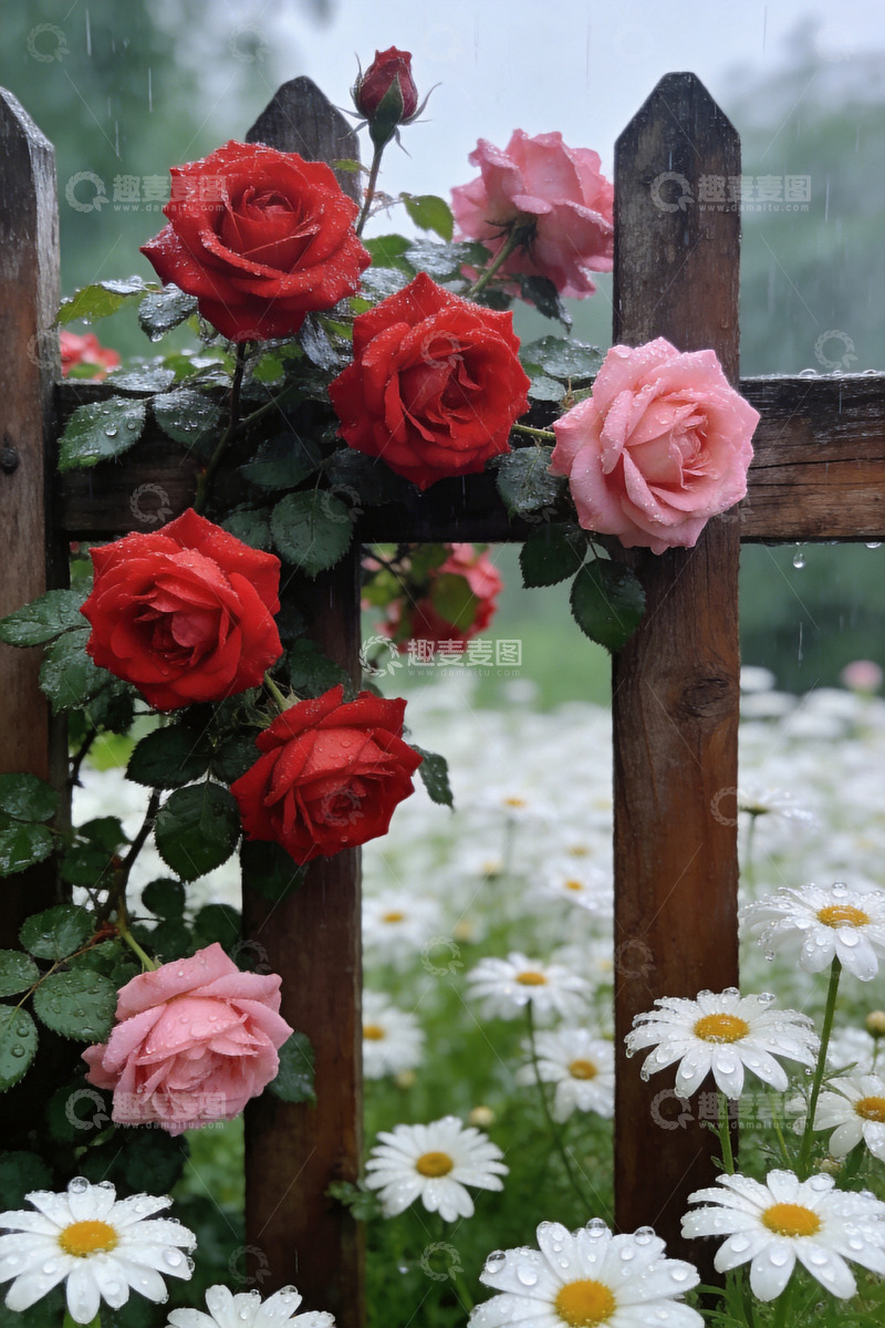 高清大图下载【趣麦麦图】白色小雏菊红色蔷薇花