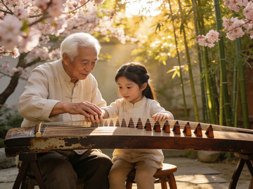 古风师生古筝教学场景摄影图片