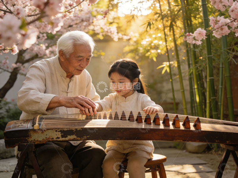 高清大图下载【趣麦麦图】古风师生古筝教学场景摄影图片