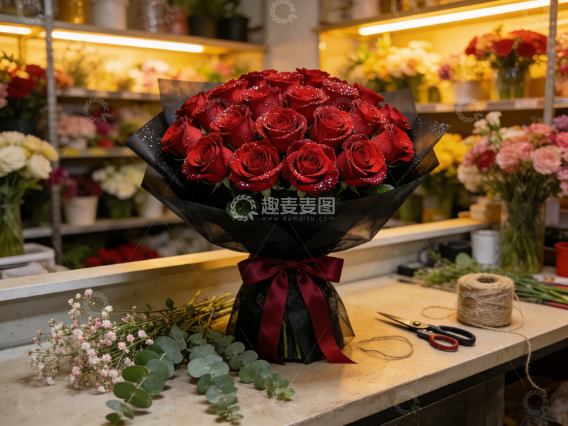 高清大图下载【趣麦麦图】花店红玫瑰花束制作场景
