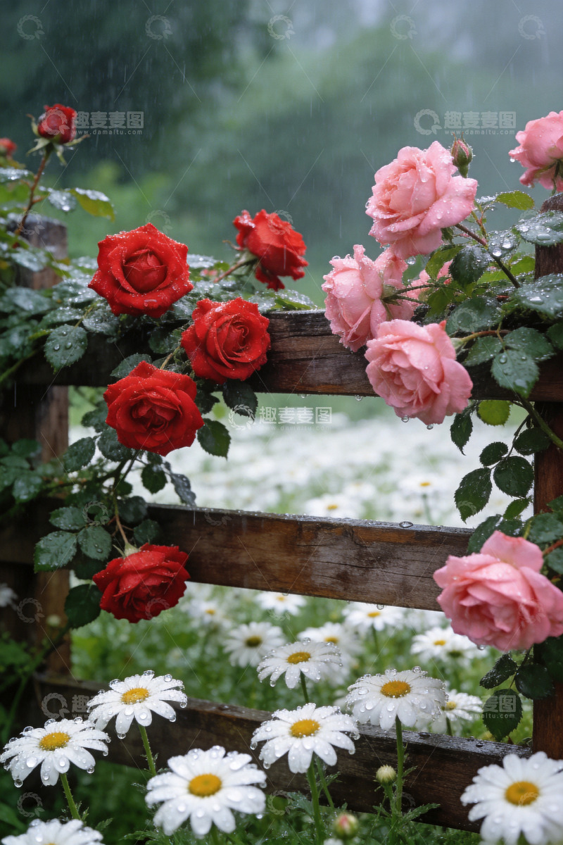 高清大图下载【趣麦麦图】蔷薇花攀爬在木栅栏上
