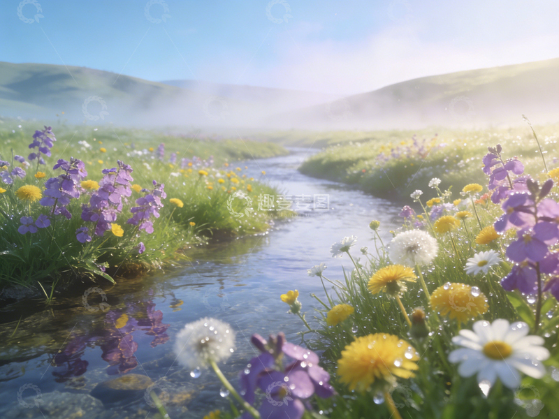 高清大图下载【趣麦麦图】田园溪流鲜花风景