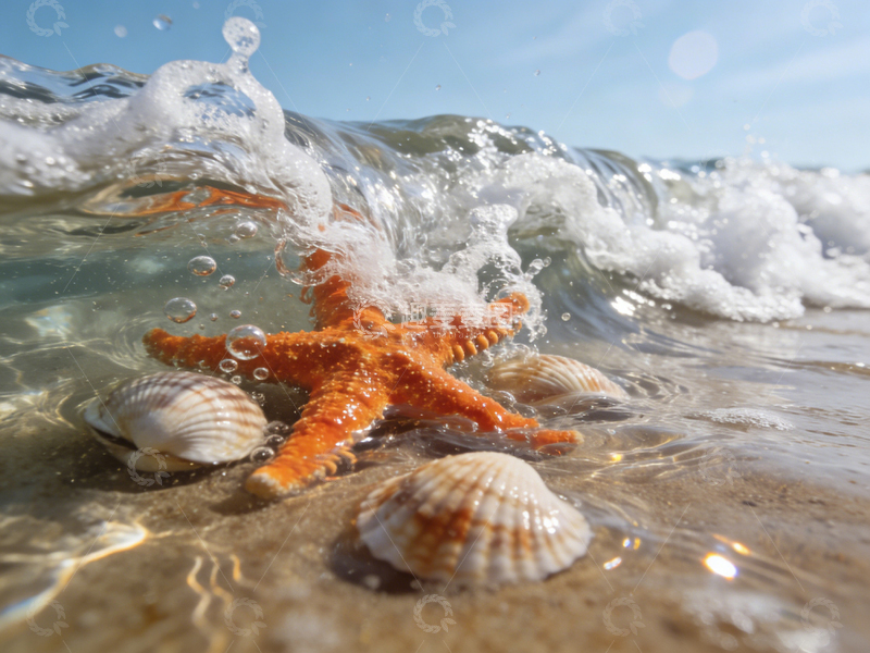 高清大图下载【趣麦麦图】海滩星贝壳海浪风光