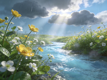 雨中溪边花草风景画