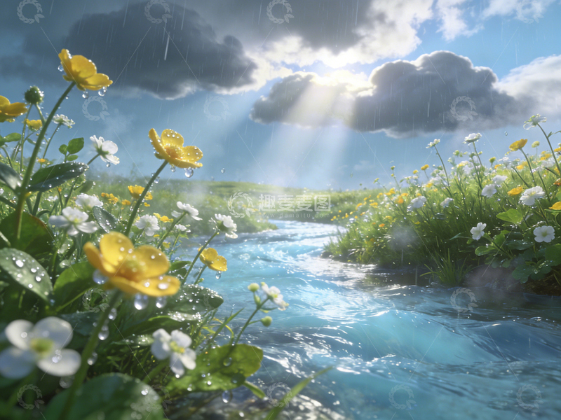 高清大图下载【趣麦麦图】-雨中溪边花草风景画
