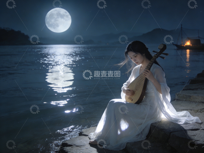 高清大图下载【趣麦麦图】古风美女月下弹奏山水图